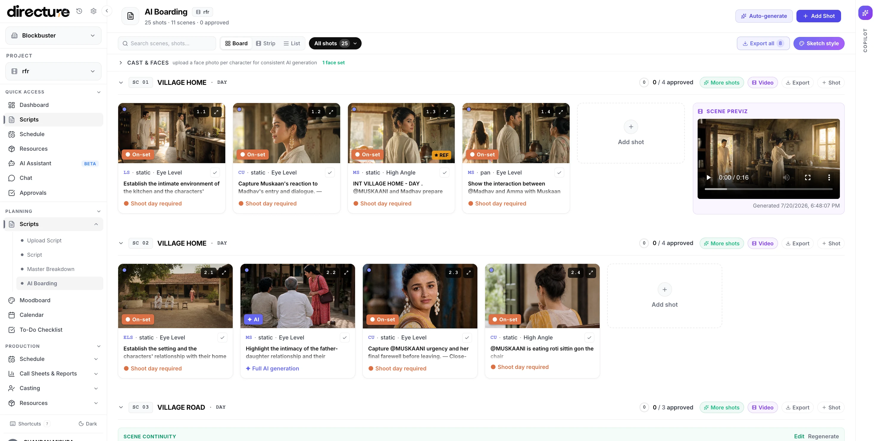 AI Boarding: generated shot cards for every scene, with scene previz